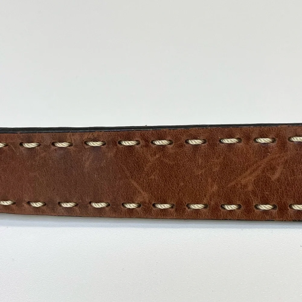 Brown Leather Stitched Belt Medium Classic Unisex Medium
